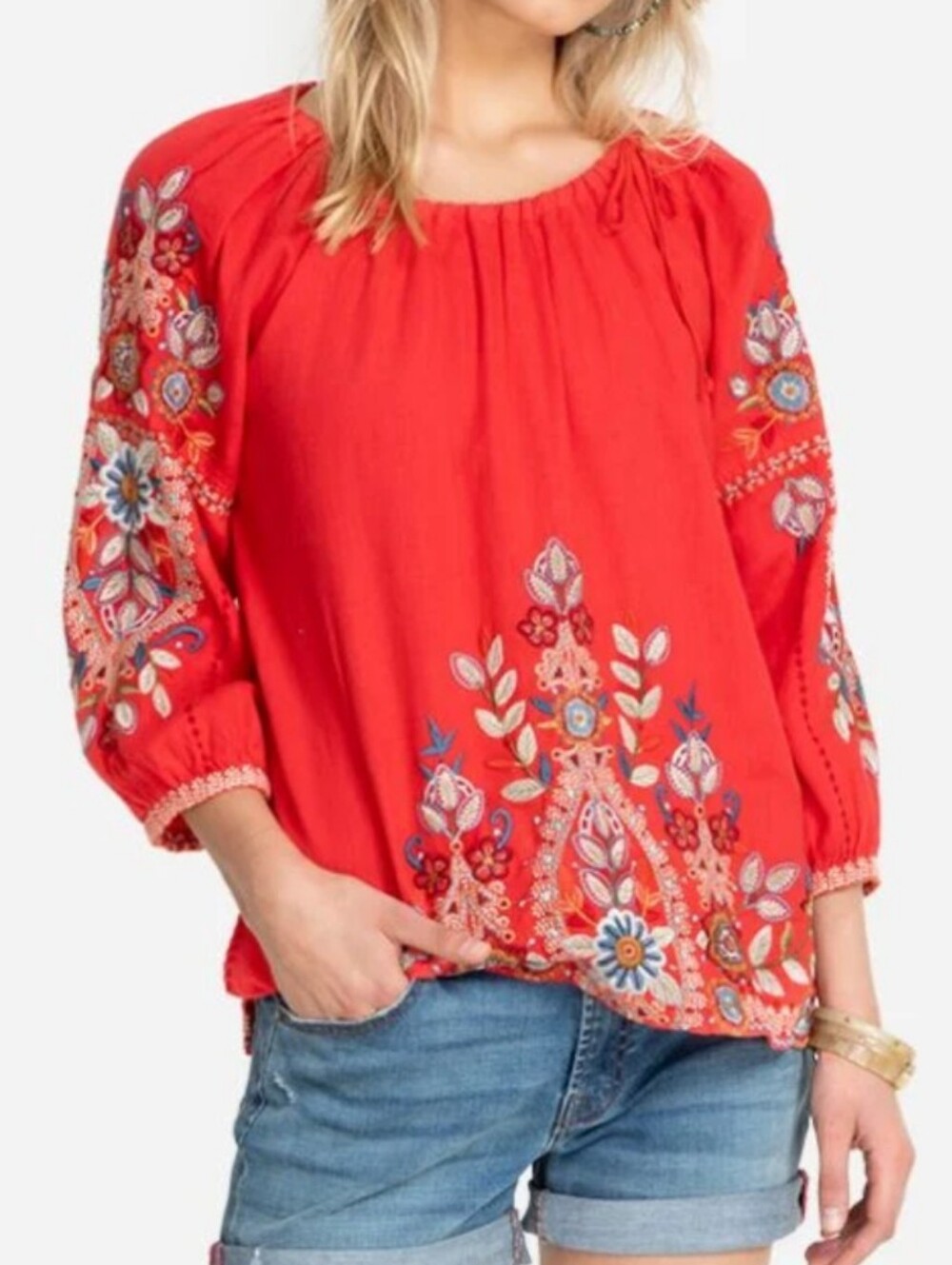 Johnny Was Red Embroidered Boho Peasant Linen Tunic Size Small EUC